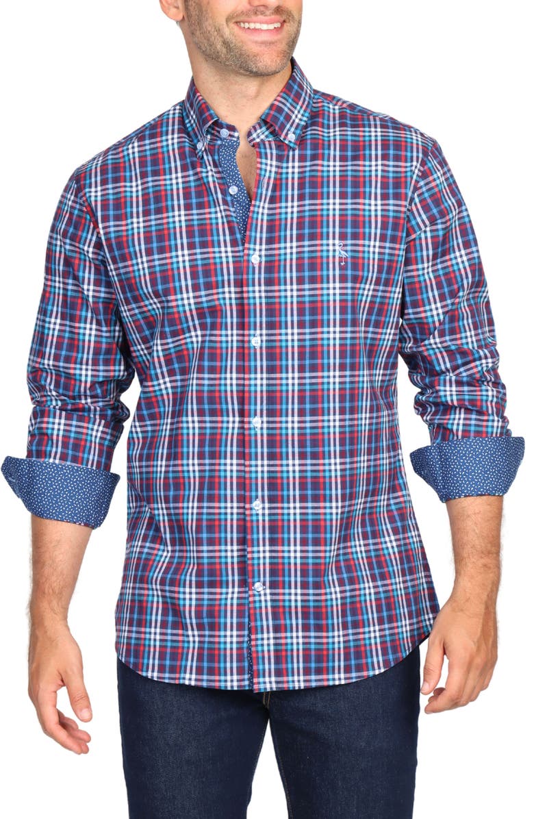 TailorByrd Regular Fit Plaid Stretch Button-Down Shirt, Alternate, color, Navy