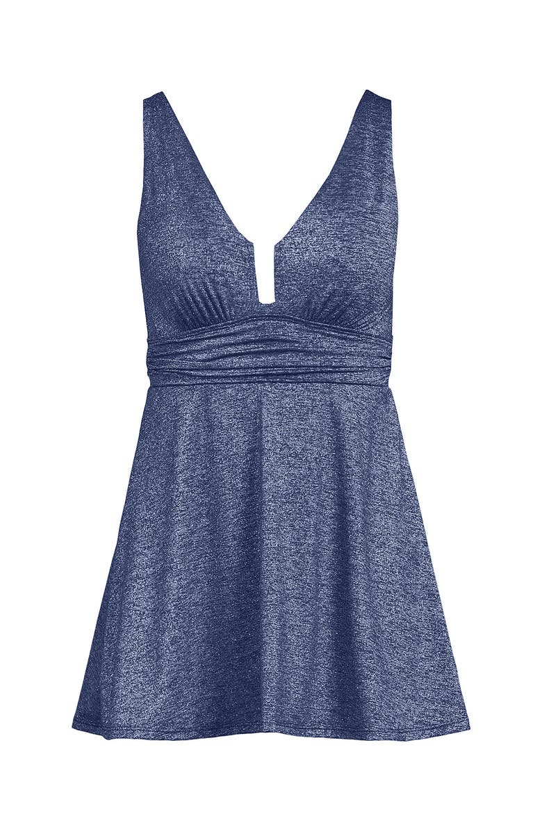 Lands' End Slender Suit Shine U-Wire Swim Dress Swimsuit, Alternate, color, Navy Shine