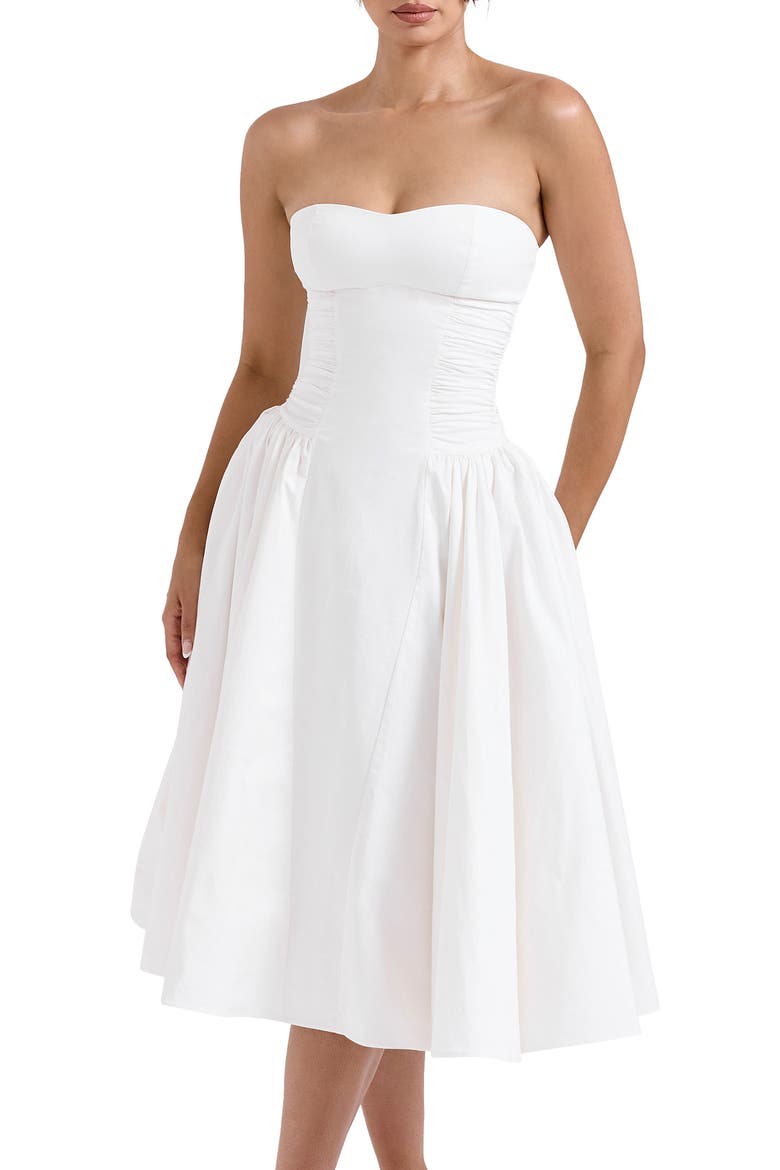 georgiana strapless stretch cotton fit & flare dress House Of CB Womens White Georgiana Slim-Fit Strapless Stretch-Cotton Midi Dress L+