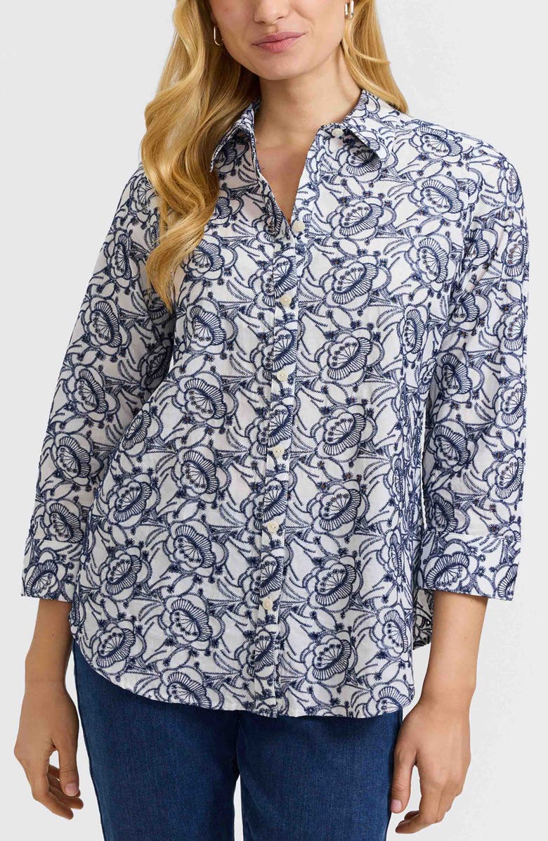 Foxcroft Zoey Embroidered Eyelet Shirt, Main, color, White/ Navy