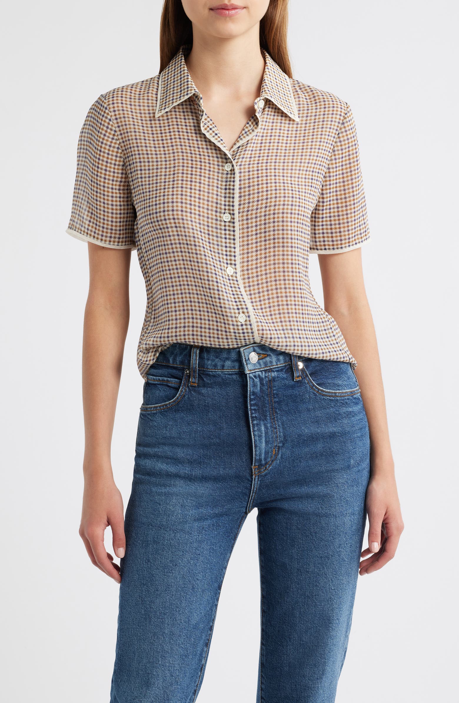 FRAME The Houndstooth Silk Short Sleeve Button-Up Shirt | Nordstromrack