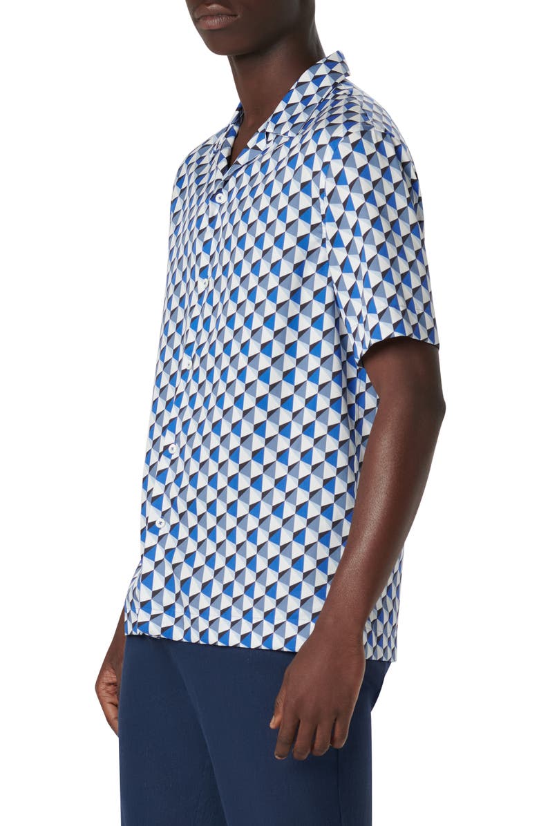 Bugatchi Jackson Shaped Fit Geo Print Short Sleeve Button-Up Camp Shirt, Alternate, color, Classic Blue