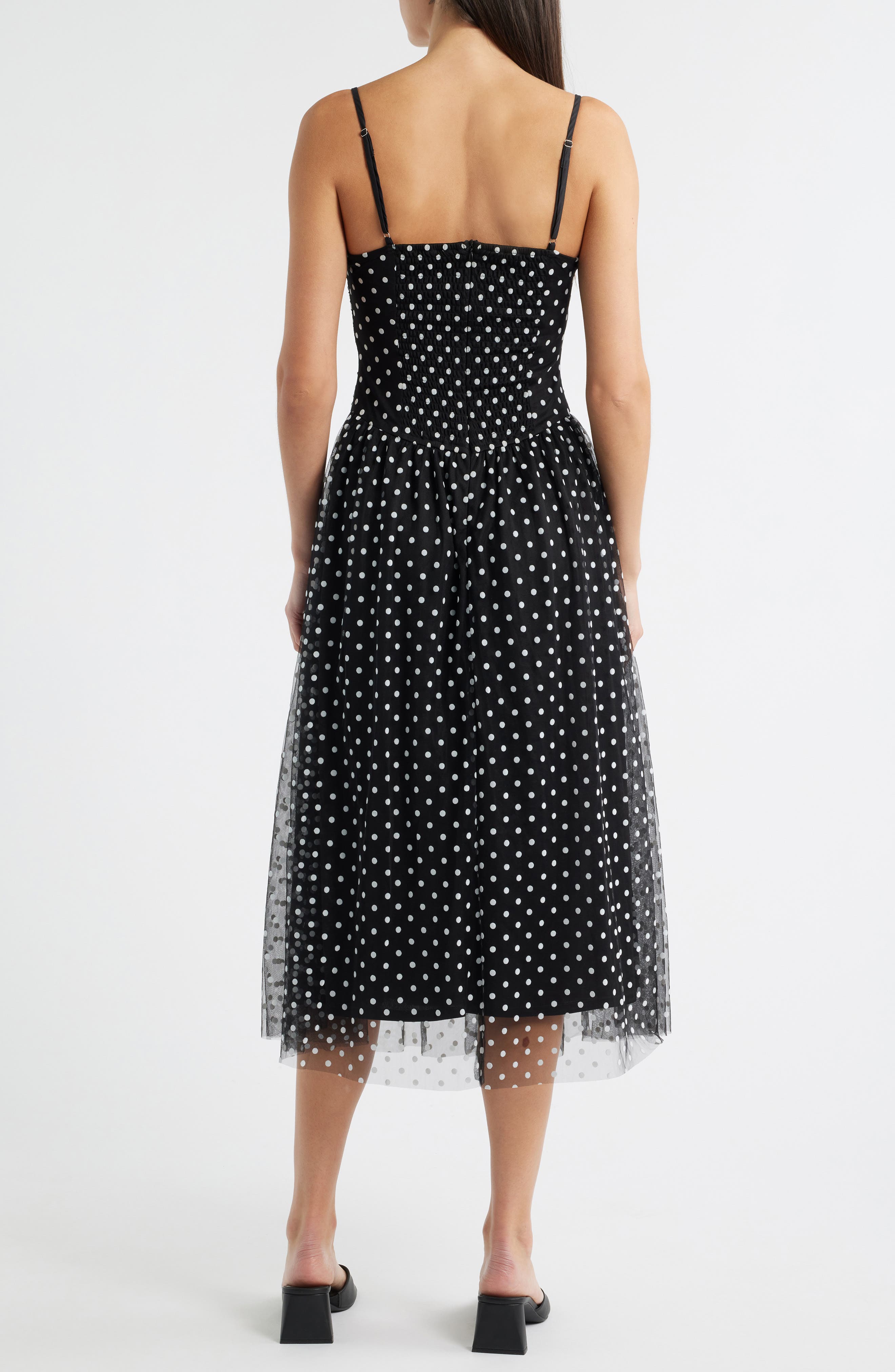 Bow Polka Dot Mesh Fit & Flare Midi Dress - image 2