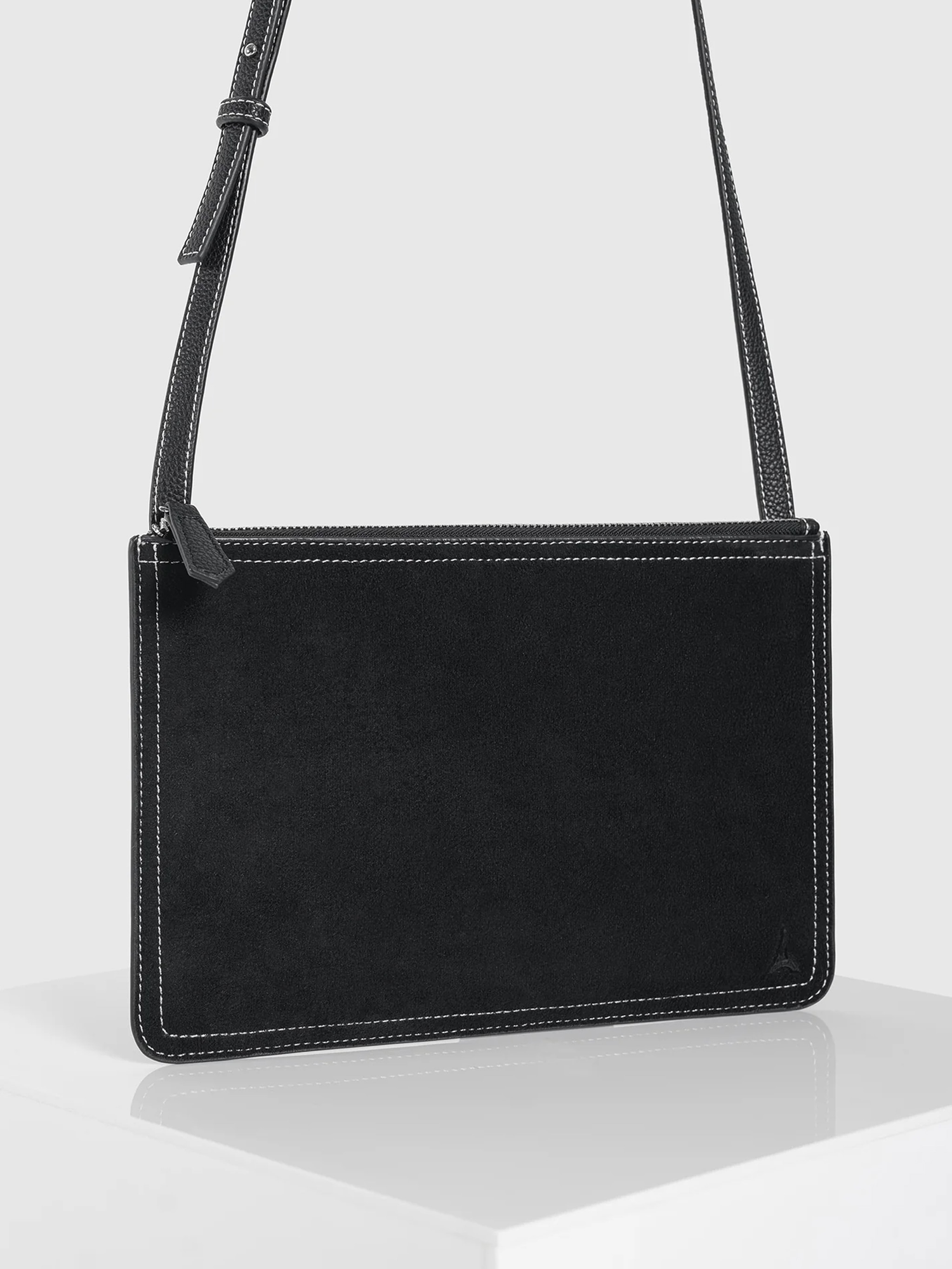 Manière De Voir Elio Suede Contrast Stitch Crossbody Bag, Alternate, color, Black