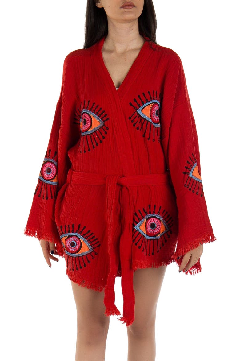 Sereia Evil Eye Handmade Cotton Short Robe Cover-Up, Alternate, color, Red