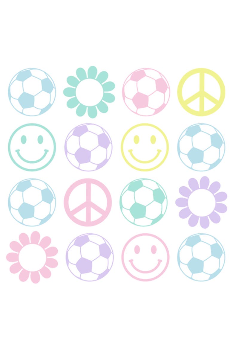 Girl's Lost Gods Soccer and Happiness Icon Grid  Graphic T-Shirt, Alternate, color, White