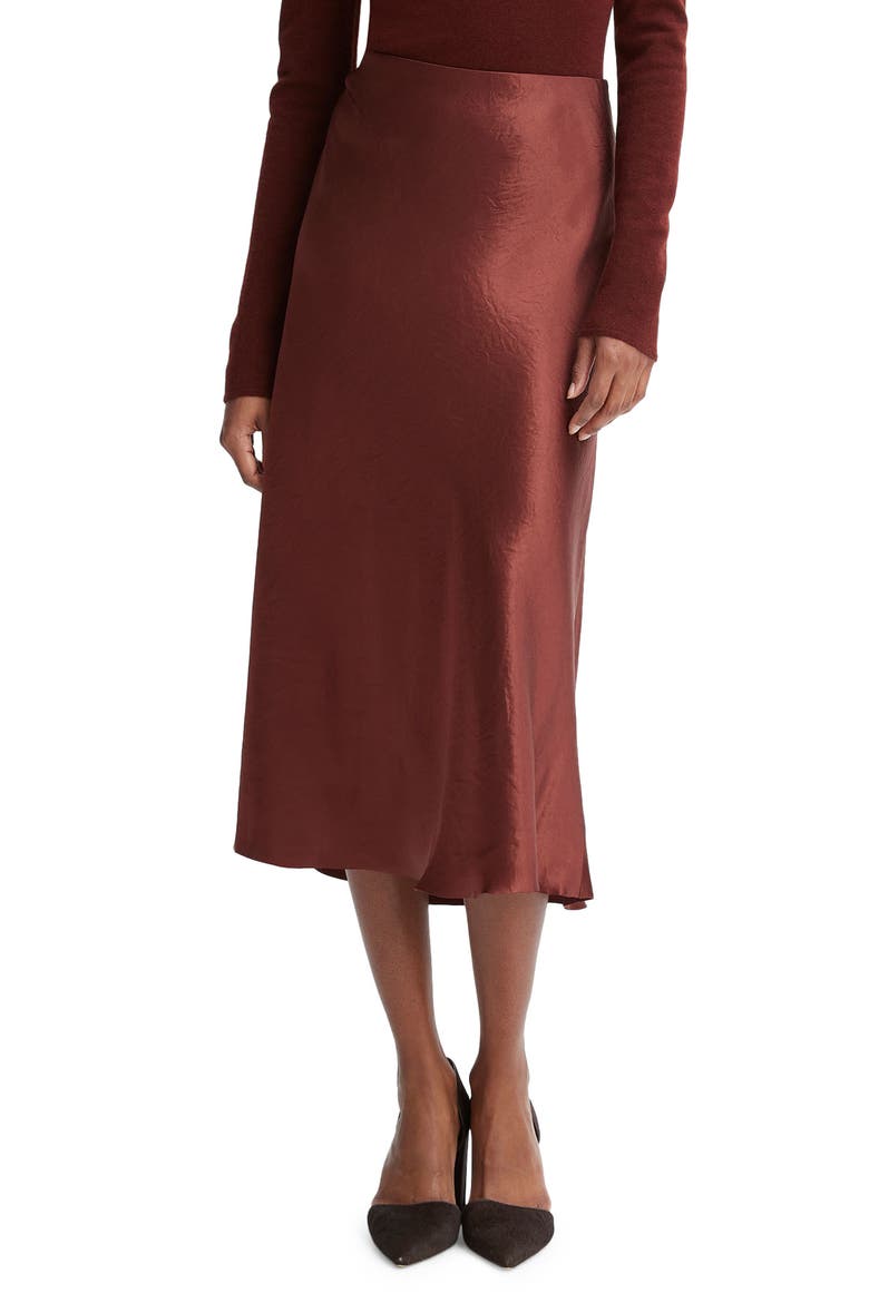 Bias Satin Midi Skirt, Main, color, CINNAMON STICK