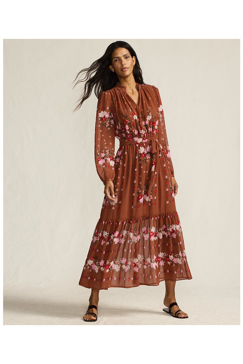 Chiffon Tiered Long Sleeve Maxi Dress, Alternate, color, Rich Ginger Floral Stripe