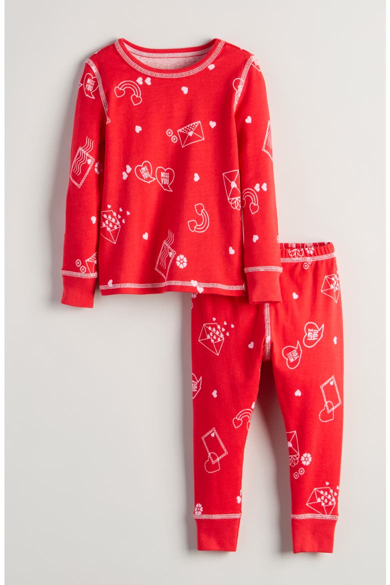 Kids' Print Fitted Cotton Two-Piece Pajama Set, Main, color, RED VALENTINE CARDS