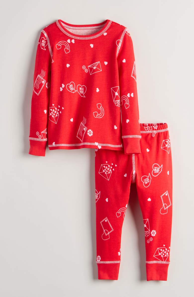 Nordstrom Kids' Print Fitted Cotton Two-Piece Pajama Set, Main, color, Red Valentine Cards