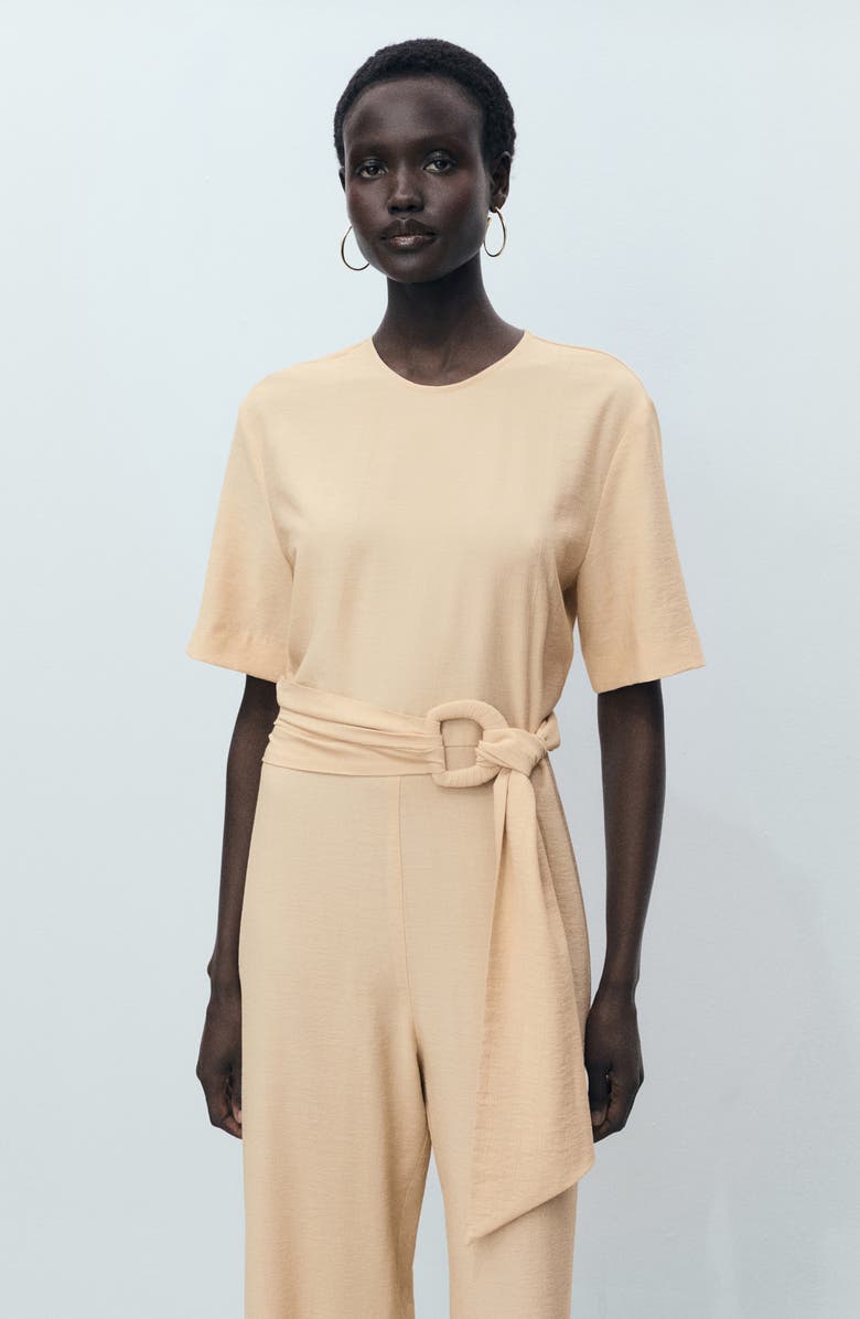 MANGO Belted Wide Leg Jumpsuit, Alternate, color, Ecru