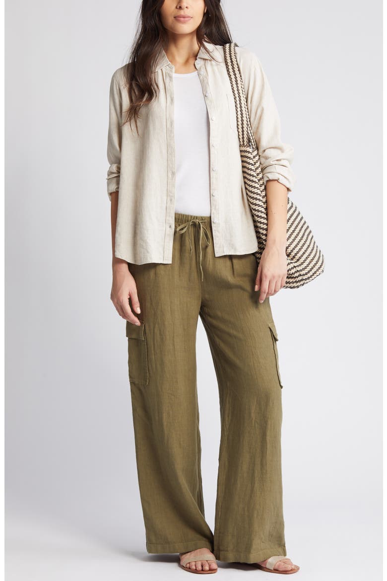 Drawstring Wide Leg Linen Cargo Pants, Main, color, OLIVE BURNT