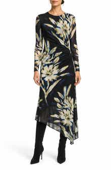 Asymmetric Mesh Long Sleeve Midi Dress