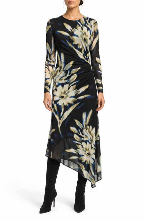 Asymmetric Mesh Long Sleeve Midi Dress