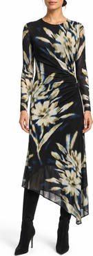 Nicole Miller Asymmetric Mesh Long Sleeve Midi Dress