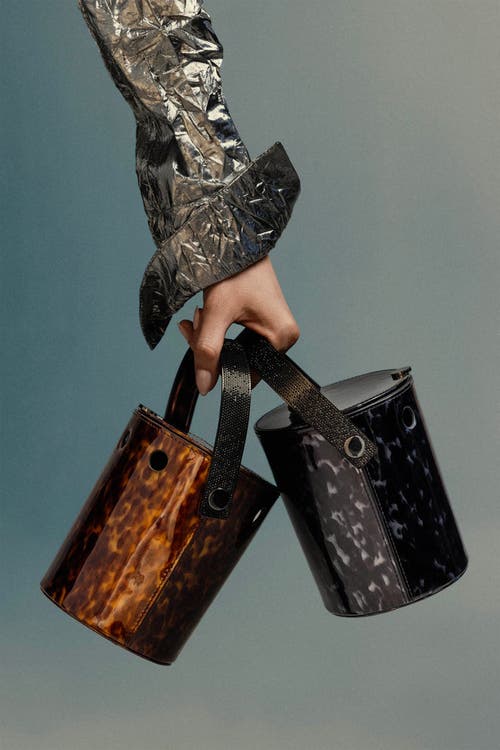 Shop Perrin Paris Le Mini Seau Bucket Bag In Ecaille Black | Black Strass