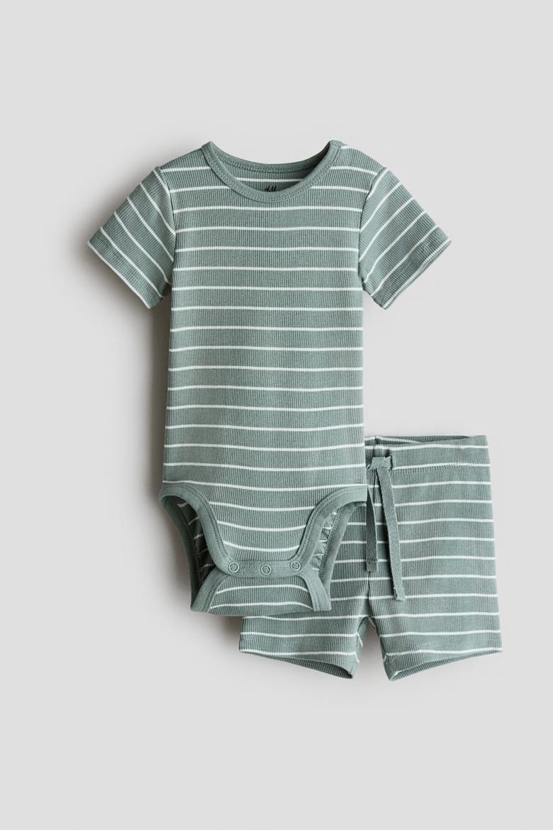 2-piece Ribbed Cotton Set, Main, color, Dusty green/white striped