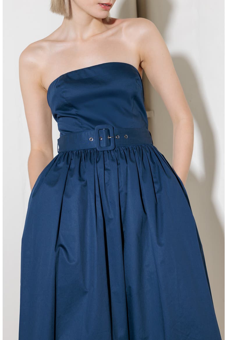 Belted Strapless Midi Dress, Alternate, color, NAVY