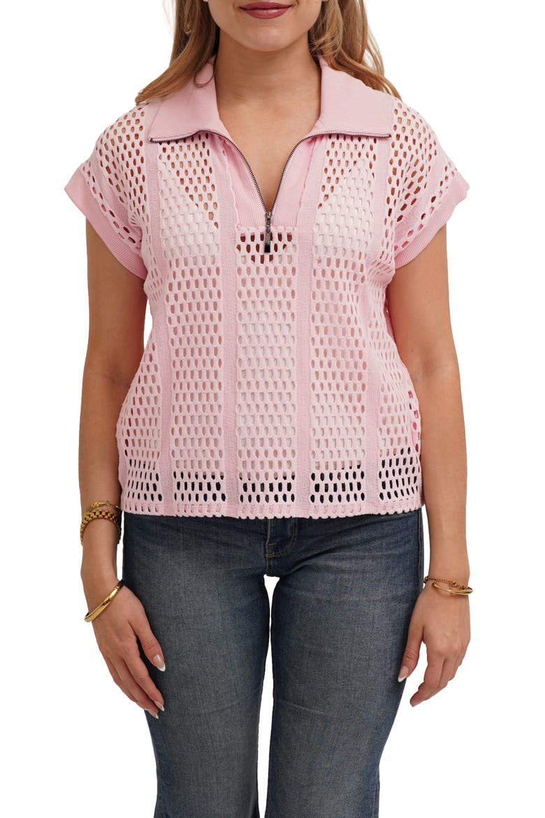 Open Stitch Knit Quarter Zip Top, Main, color, LIGHT PINK