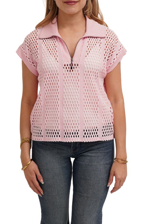 <p>Open Stitch Knit Quarter Zip Top</p>