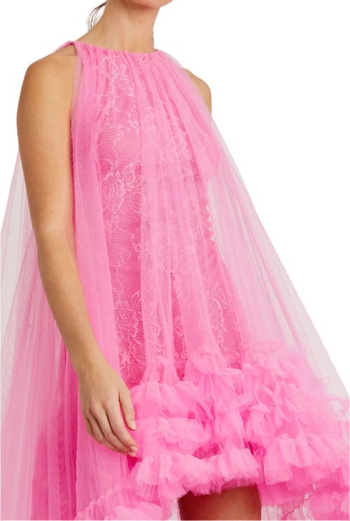 Mac Duggal Tulle High Neck Sleeveless Ruffled Hem Hi-lo Gown In Hot Pink