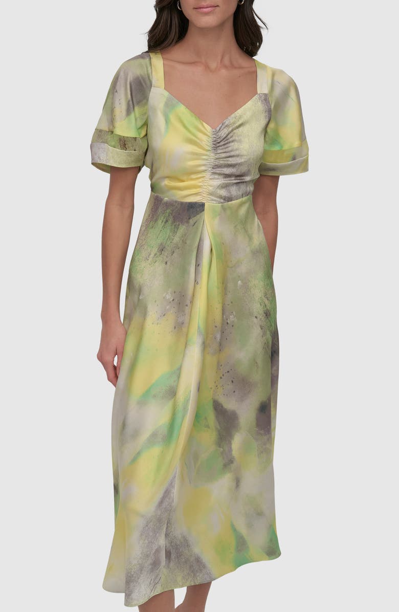 DKNY Ruched Printed Satin Midi Dress, Alternate, color, Watercolor Hues
