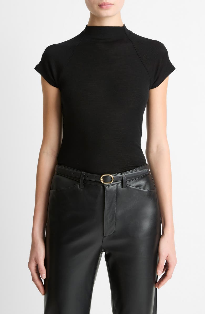 Vince Wool Raglan Cap-Sleeve Mock-Neck Top, Main, color, Black