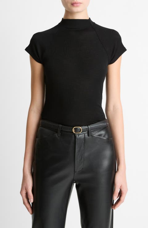 Wool Raglan Cap-Sleeve Mock-Neck Top