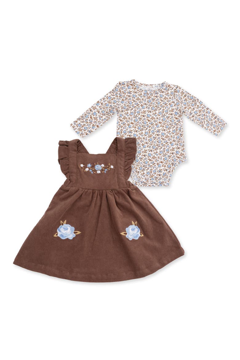 Hazel Floral Pinafore Dress & Bodysuit Set, Main, color, BROWN