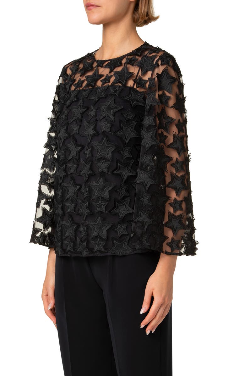 Akris punto 3D Star Embroidered Tulle Top, Alternate, color, Black
