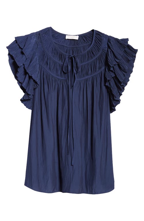 Ramy Brook Virgie Keyhole Ruffle Sleeveless Top In Spring Navy