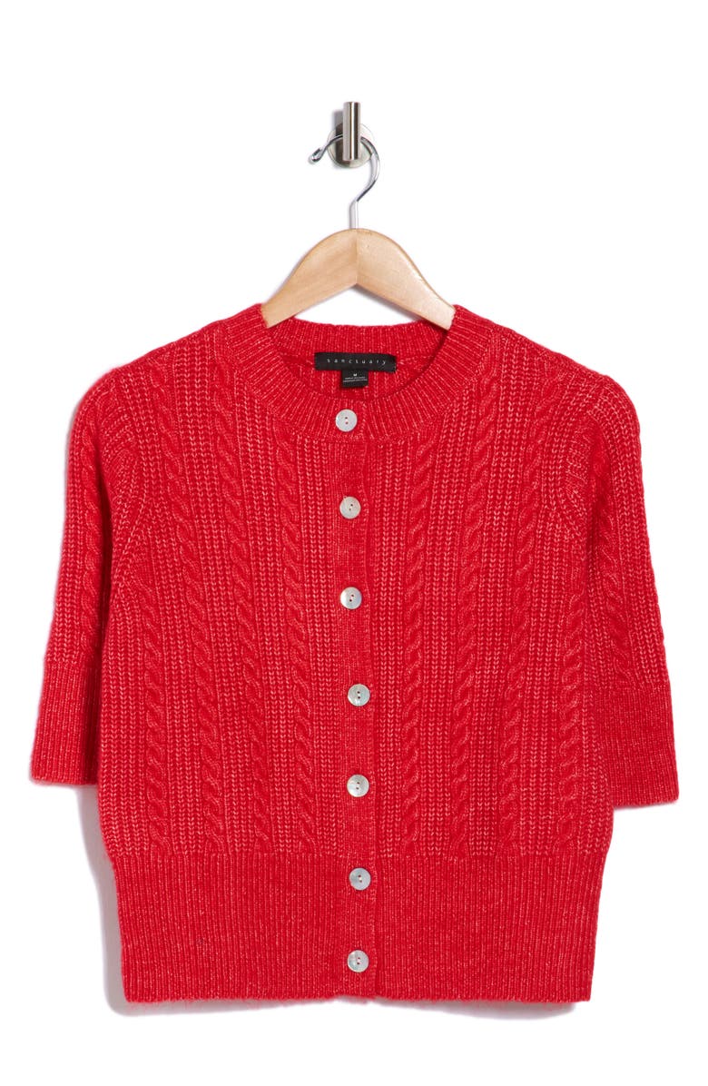 Sanctuary Short Sleeve Cable Stitch Cardigan, Main, color, Red