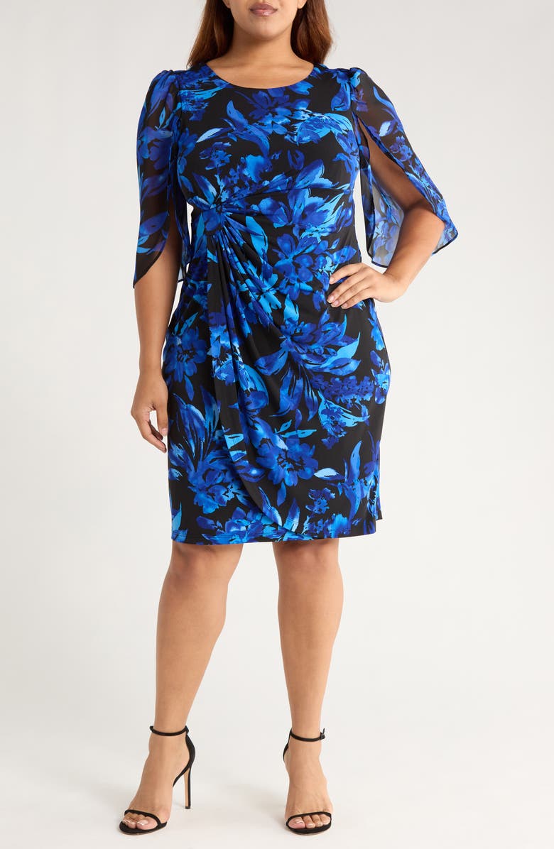 Connected Apparel Floral Cape Sleeve Dress, Main, color, Saphire