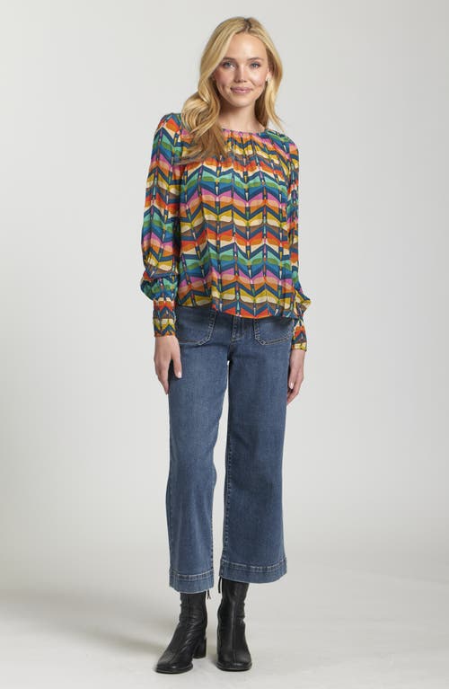 Apny Printed Smocked Cuff Top In Multi