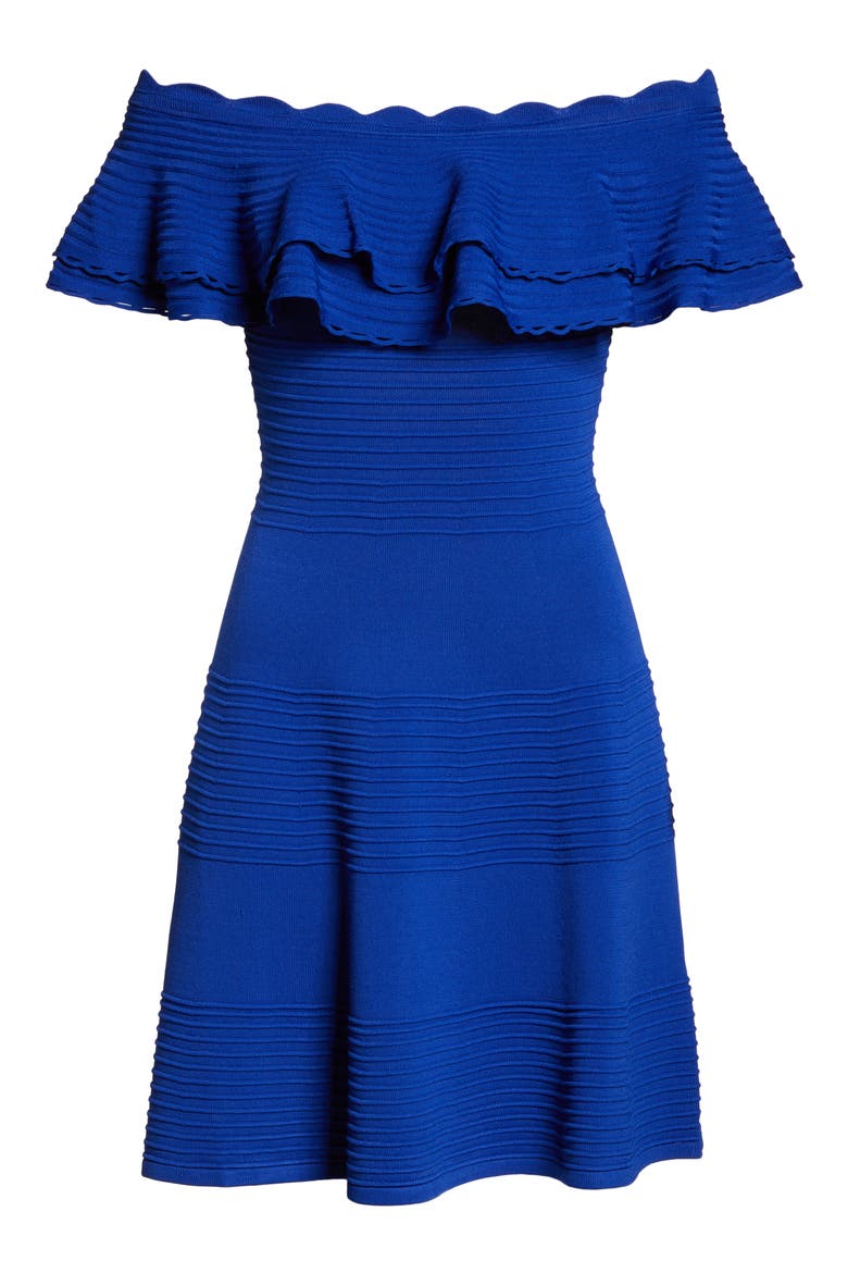 Off the Shoulder Fit & Flare Dress, Alternate, color, COBALT
