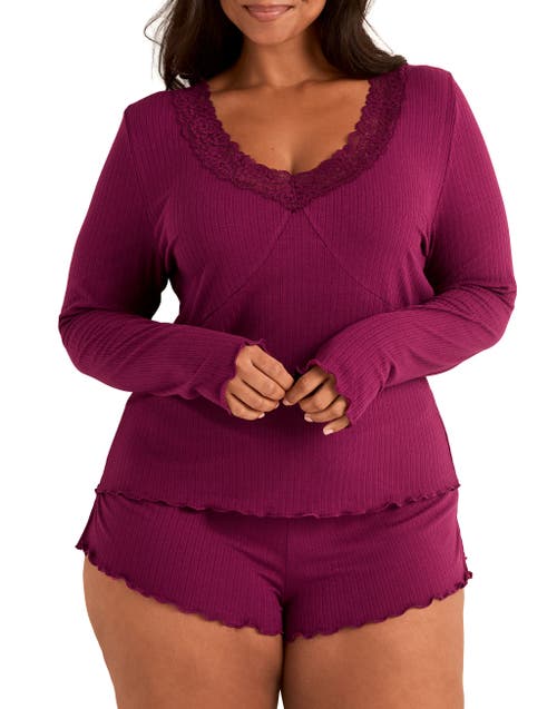 Adore Me Brooks Pajama Long Sleeve Top & Shorts Set In Purple