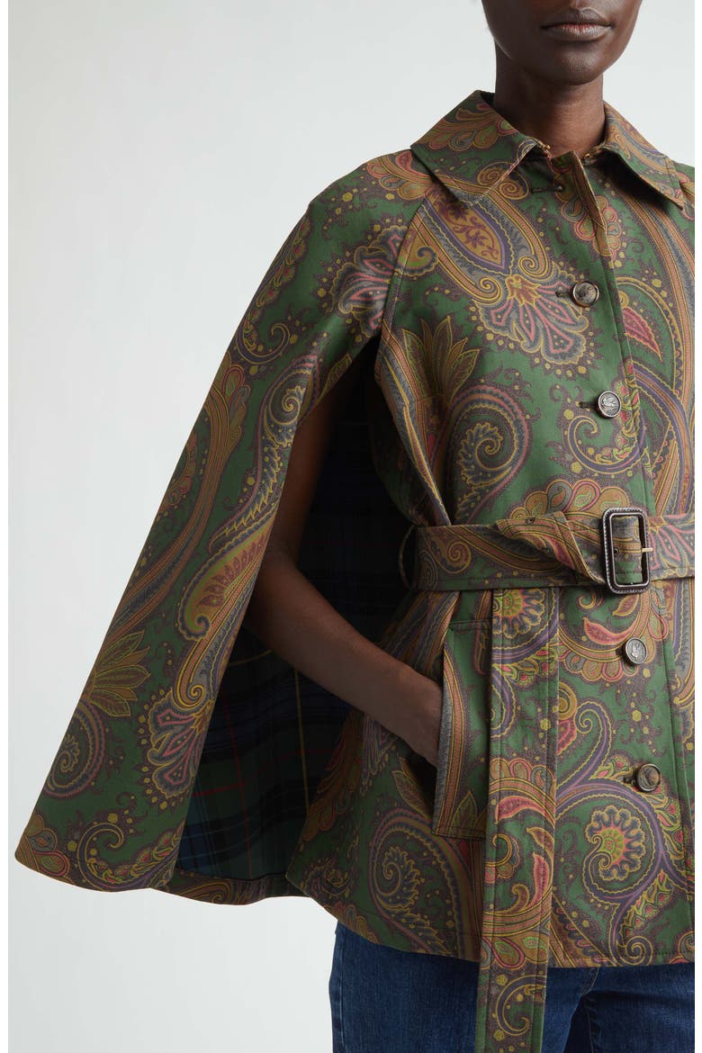 Belted Paisley Gabardine Cape, Alternate, color, GREEN
