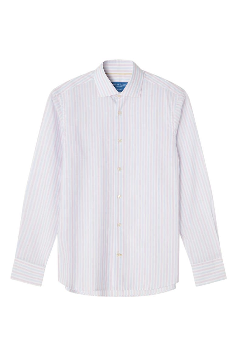 Reynolds Blue Multi Thin Stripe Cotton Linen Blend Shirt in Contemporary fit, Alternate, color, Raspberry