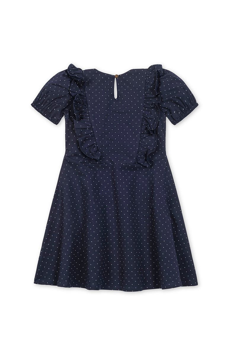 Hope & Henry Kids' Organic Short Sleeve Knit Ruffle Dress, Alternate, color, Navy Pindot