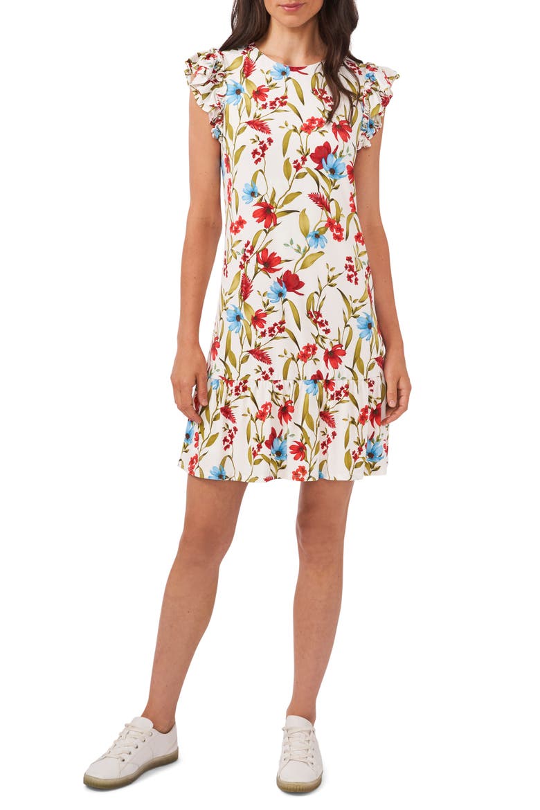 Garden Floral Flutter Sleeve Stretch Crepe Dress, Main, color, SOFT ECRU