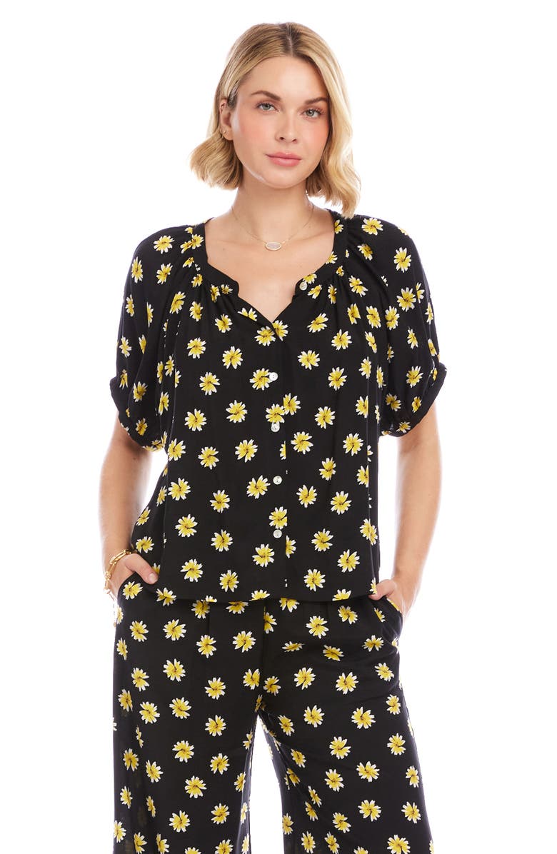 Karen Kane Floral Button-Up Peasant Top, Alternate, color, Black/ Floral Print