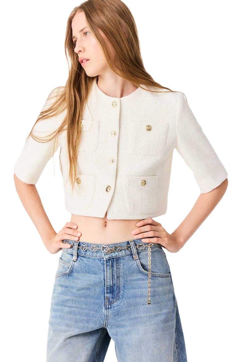 Short-sleeved tweed jacket, Alternate, color, Ecru