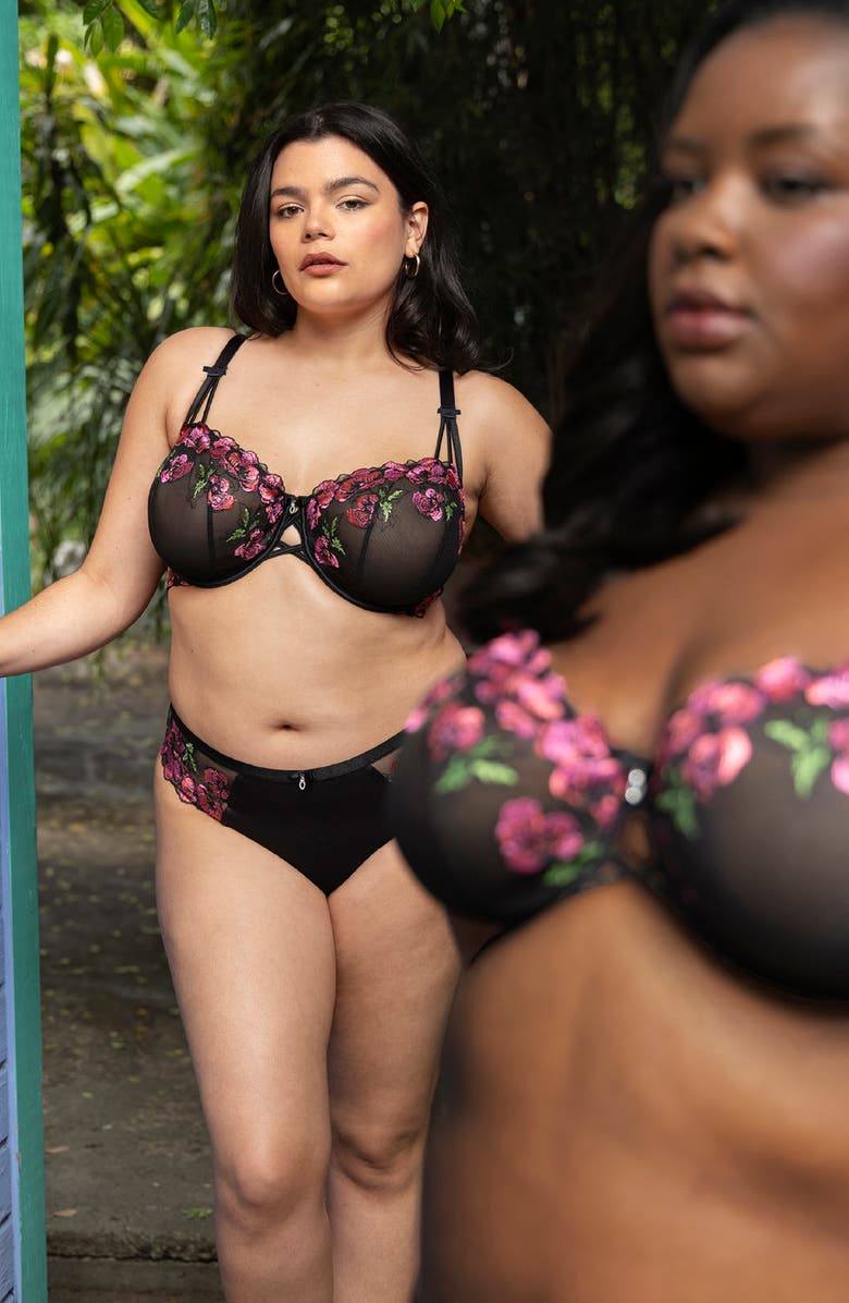 Curvy Couture Floral Embroidered Balconette Bra, Alternate, color, Lush Black