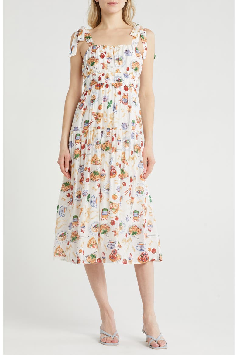 Food Tiered Midi Sundress, Main, color, OFF WHITE MULTI