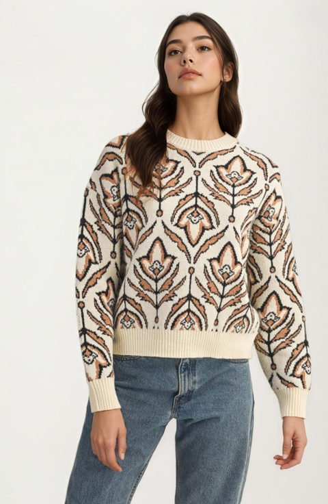 Crew Neck Abstract Floral Sweater