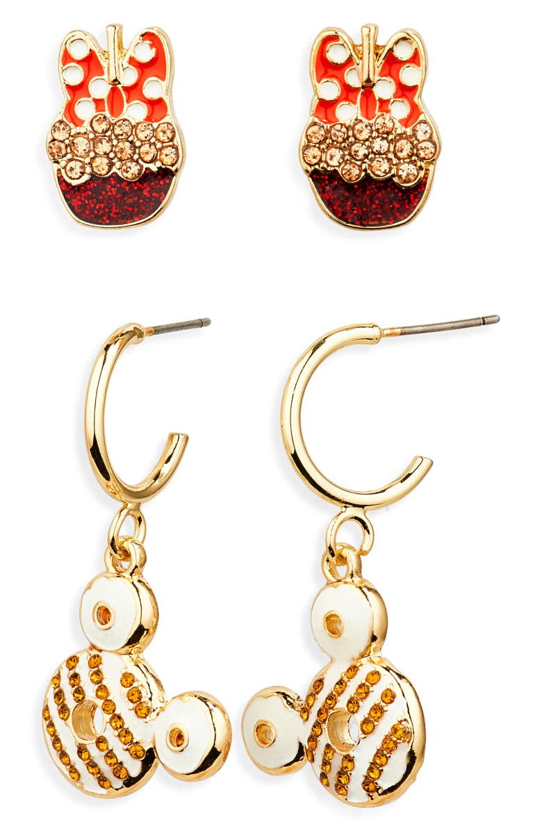 BaubleBar x Disney<sup>®</sup> Set of 2 Mickey & Minnie Mouse Fall Harvest Stud & Hoop Earrings, Main, color, Gold Multi