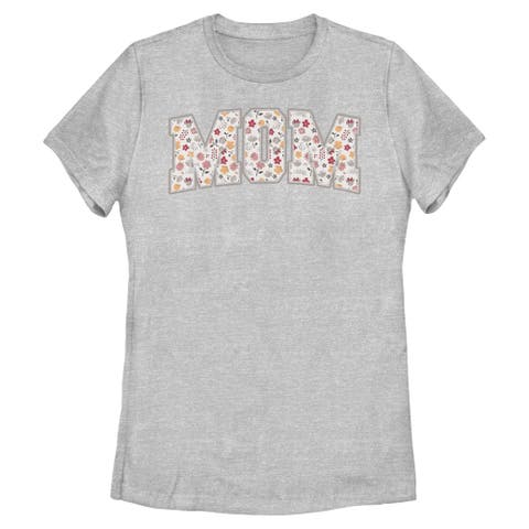 Women's Minnie Mouse Mom Collegiate Flower Print  Graphic T-Shirt