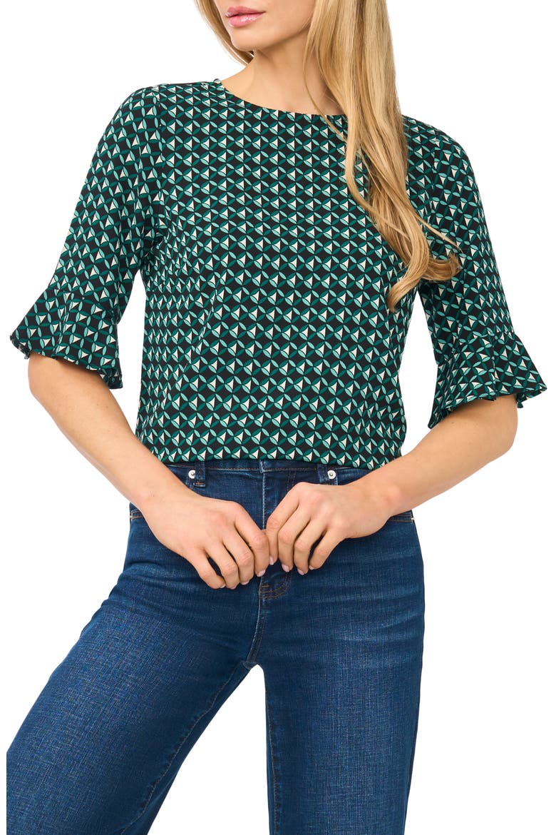 Geo Print Ruffle Cuff Top, Main, color, DEEP SPRUCE