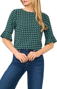 CeCe Geo Print Ruffle Cuff Top