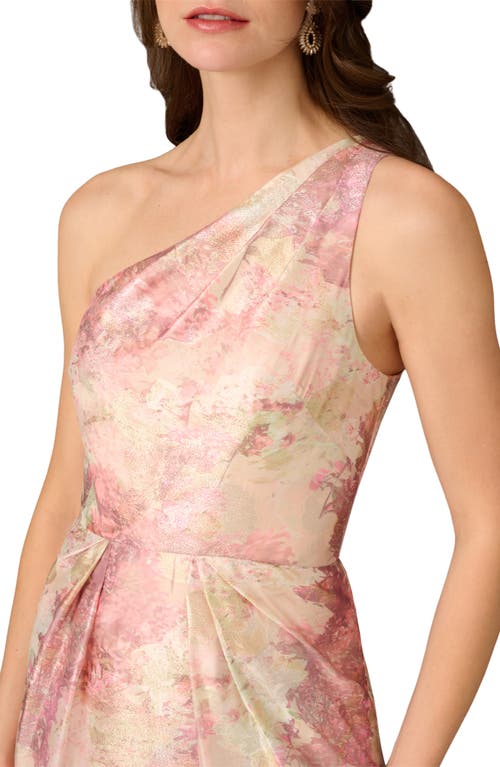 Aidan Mattox Pleated One-shoulder Metallic Jacquard Gown